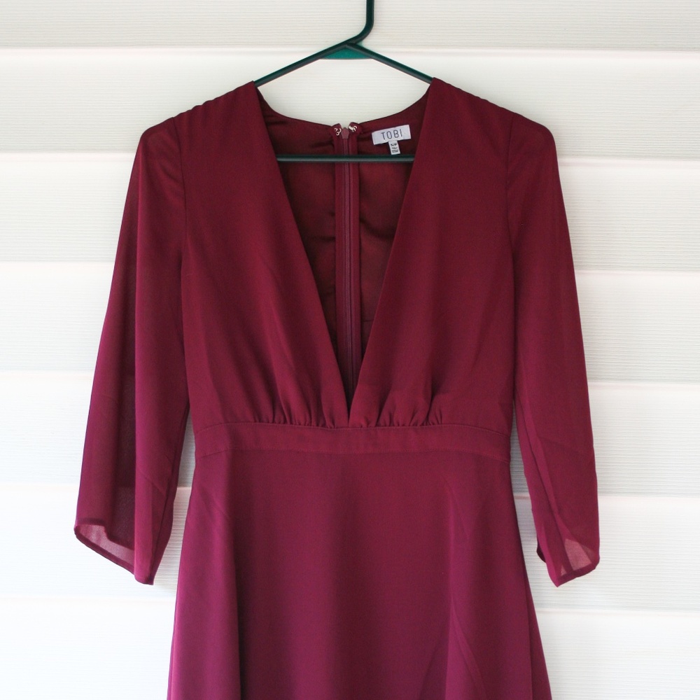 S Burgundy Deep V Flowy Dress